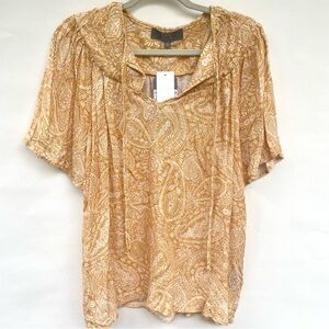 NWT Berkley Jensen Top Women's Large Yellow Paisley Flutter Sleeve Rayon Blouse